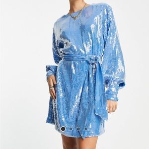ASOS Pretty Lavish tie waist balloon sleeve embellished mini dress in blue